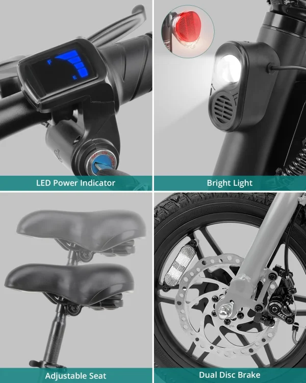 Gotrax Nano 14 Folding Electric Bike, Max Range 25Miles(Pedal-Assist) & Max Speed 15.5Mph, Power by 250W Motor, Adjustable Seat & Dual Fenders, Commuter Electric Bicycle for Adults/Teens White - Image 3