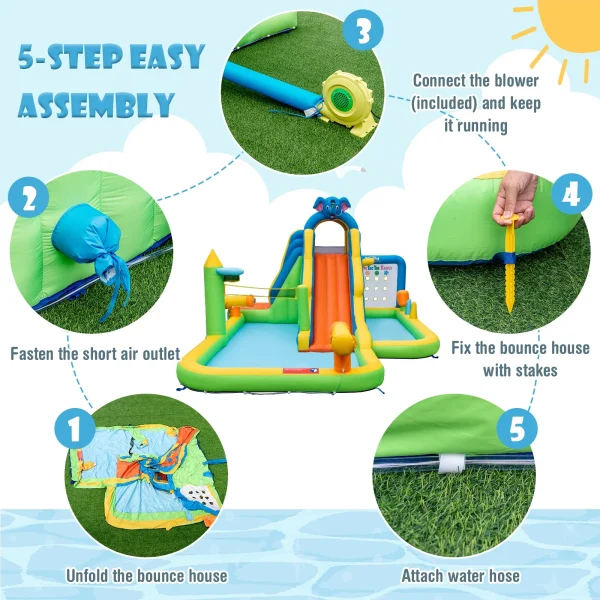 Topbuy Inflatable Water Slide 9-in-1 Blow-up Water Park for Kids with Splash Pool Climbing Wall Water Guns Basketball Toss with 750W Blower - Image 5