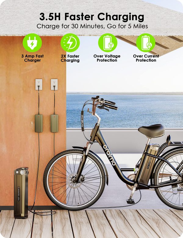 Oraimo Electric Bike for Adults Up to 40 Miles Removable Battery, 350W(Peak 500W) 26 City Cruiser Ebike 2X Load Rear Rack, Air Saddle, 7 Speed Gear, SGS Certified (Pitch Black, Standard) - Image 5