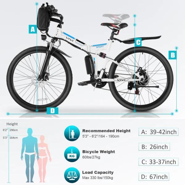 Vivi M026TGB 26 Electric Bike for Adults, Folding Mountain Bike with 500W Motor, 48V Removable Lithium-Ion Battery, 21 Speed, 20MPH, Up to 50 Miles, Dual Shock Absorber - Image 4