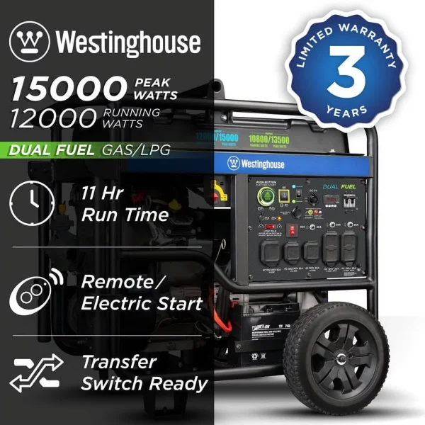 Westinghouse 15,000 Peak Watt Dual Fuel Portable Generator, Gas or Propane, Home Backup, CO Sensor - Image 2