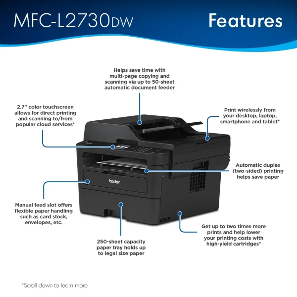 Brother MFC-L2730DW Monochrome Laser All-in-One Wireless Printer with 2.7" Color Touchscreen - Image 7