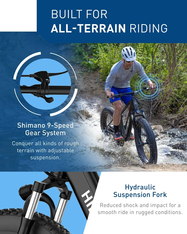 Hiboy P6 Electric Bike for Adults, 28MPH 62.1Miles Range 750W Motor 48V 13Ah Removable Battery Ebike, 26" x 4.0 Fat Tire Electric Mountain Bicycle, Shimano 9 Speed, Hydraulic Suspension, UL Certified - Image 6