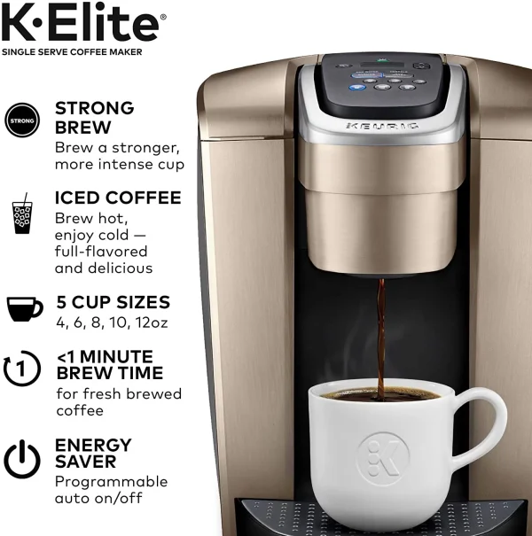 Keurig K-Elite Coffee Maker, Single Serve K-Cup Pod Coffee Brewer, With Iced Coffee Capability, Brushed Gold - Image 2