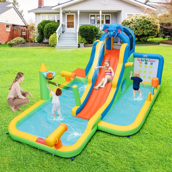 Topbuy Inflatable Water Slide 9-in-1 Blow-up Water Park for Kids with Splash Pool Climbing Wall Water Guns Basketball Toss - Image 2