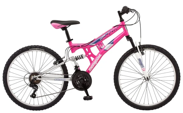 Mongoose Exlipse Full Dual-Suspension Mountain Bike for Kids, Featuring 15-Inch/Small Steel Frame and 21-Speed Shimano Drivetrain with 24-Inch Wheels, Kickstand Included, Pink - Image 3