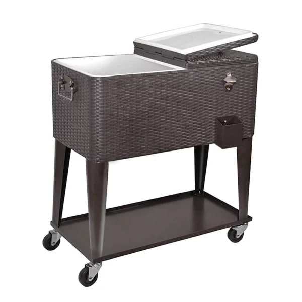Home Aesthetics 80 Quart Qt Rolling Cooler Ice Chest  Beverage Cart, Dark Brown