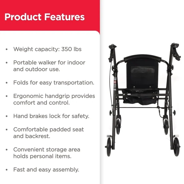 Equate Rolling Walker for Seniors, Rollator with Seat and Wheels, Black, 350 lb Capacity - Image 7