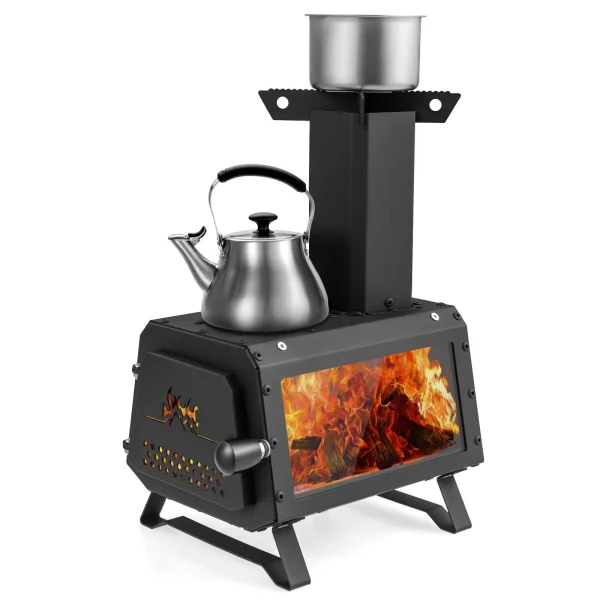 Heavy Duty Portable Wood Burning Stove Carbon Steel for Outdoor w/ 2 Cooking Options