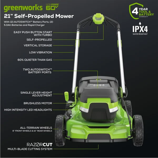 Greenworks 60V 21" Self-Propelled Lawn Mower with (2) 5.0 Ah Batteries & Rapid Charger 2546202 - Image 2