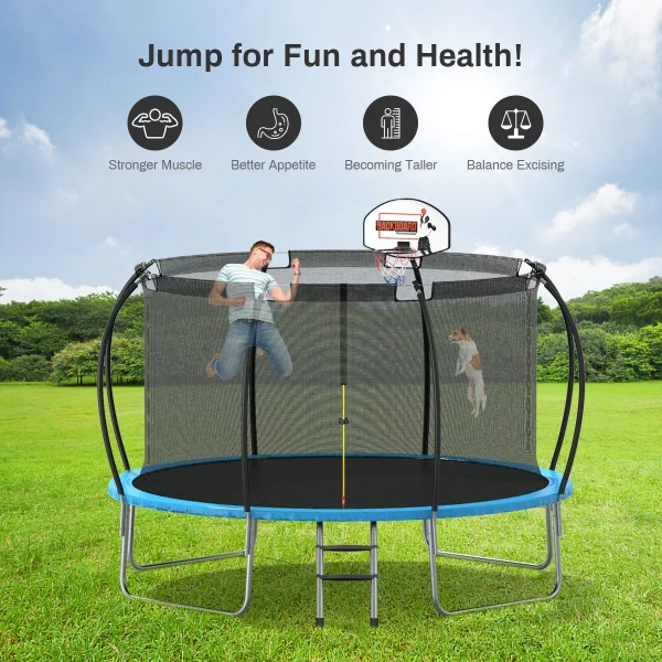 Nazhura  12' Round Backyard Trampoline with Safety Enclosure and Basketball Hoop - Image 4