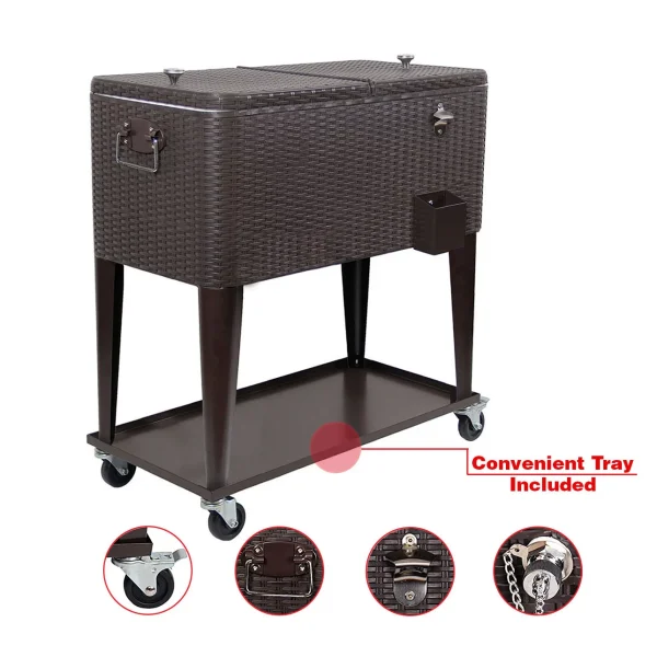 Home Aesthetics 80 Quart Qt Rolling Cooler Ice Chest  Beverage Cart, Dark Brown - Image 4