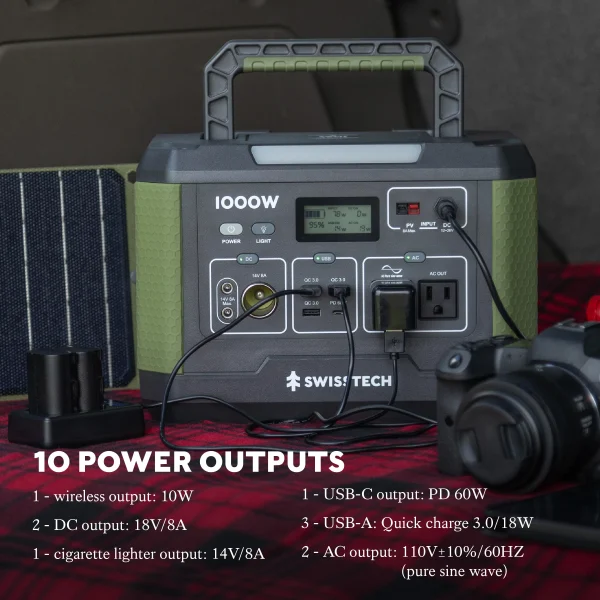 Swiss Tech 1000W Portable Power Station, 999Wh, Solar Powered Battery for Camping and Travel Emergency - Image 2