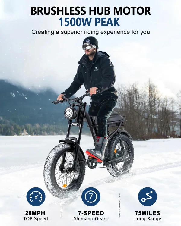 Riding'times 1500W Winter Moped Style Ebike, 20 Inch Fat Tire Electric Bike, Up to 28MPH & 75 Miles, 6-Layer Full Suspension, 15.6AH Removable Battery, Mountain Snow E Bike - Image 8