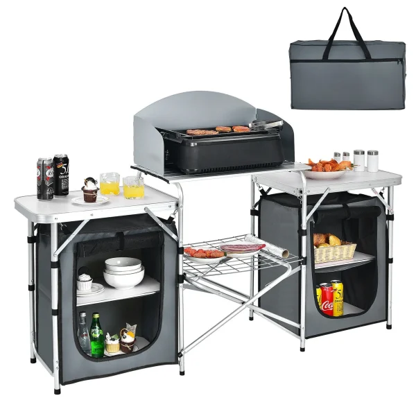 Heavy Duty Portable Folding Aluminum Camping Grill Table w/ Windscreen Storage Organizer