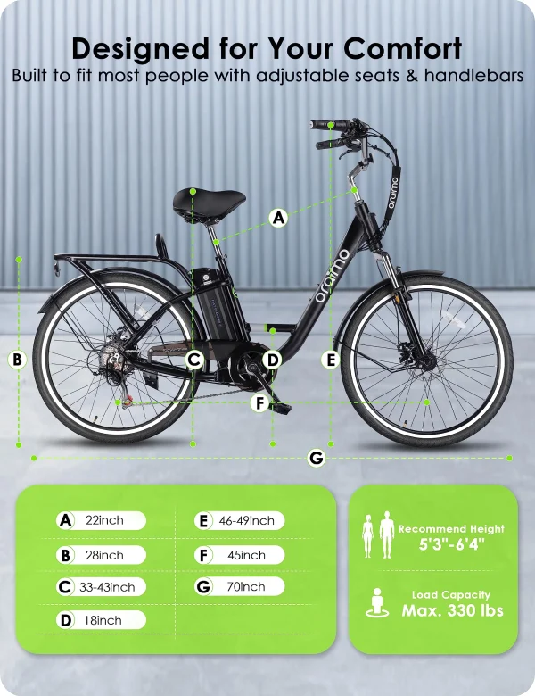Oraimo Electric Bike for Adults Up to 40 Miles Removable Battery, 350W(Peak 500W) 26 City Cruiser Ebike 2X Load Rear Rack, Air Saddle, 7 Speed Gear, SGS Certified (Pitch Black, Standard) - Image 4