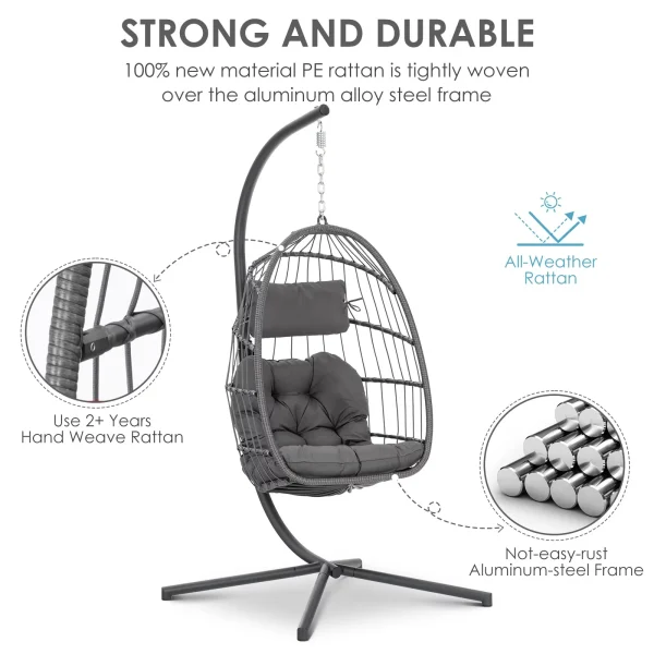 Hanging Egg Chair with Stand and Fluffy Cushion Lounge Wicker Iron Swing Chairs,light gray - Image 2