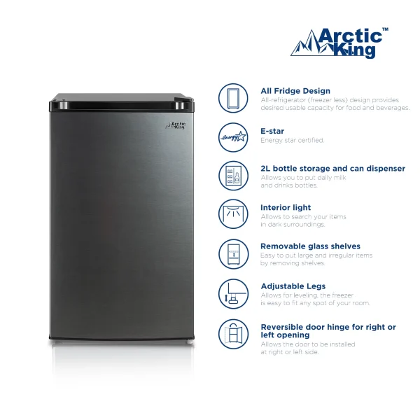 Arctic King 4.4 Cu ft One-Door No Freezer Mini Fridge, Black Stainless Steel Look E-Star, ARM44A5ASL - Image 3