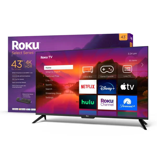 Roku 43 Select Series 4K HDR Smart RokuTV with Enhanced Voice Remote, Brilliant 4K Picture, Automatic Brightness, and Seamless Streaming
