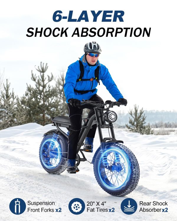 Riding'times 1500W Winter Moped Style Ebike, 20 Inch Fat Tire Electric Bike, Up to 28MPH & 75 Miles, 6-Layer Full Suspension, 15.6AH Removable Battery, Mountain Snow E Bike - Image 9