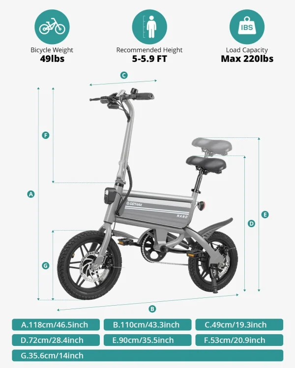 Gotrax Nano 14 Folding Electric Bike, Max Range 25Miles(Pedal-Assist) & Max Speed 15.5Mph, Power by 250W Motor, Adjustable Seat & Dual Fenders, Commuter Electric Bicycle for Adults/Teens White - Image 2