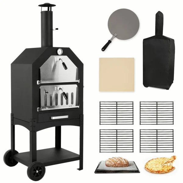 Portable Wood Fire Outdoor Pizza Oven with Wheels and Protective Cover