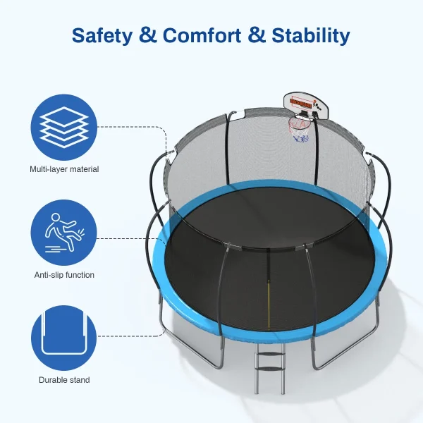 Nazhura Trampoline 12 ft with Enclosure and Basketball Hoop, 1300lbs Capacity - Image 11