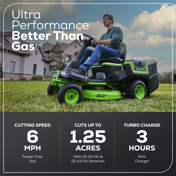 Greenworks 60V 30" CrossoverT Riding Lawn Tractor with (2) 8.0 Ah, (2) 4.0 Ah Batteries & 600-Watt Charger 7421902 - Image 3