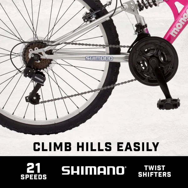 Mongoose Exlipse Full Dual-Suspension Mountain Bike for Kids, Featuring 15-Inch/Small Steel Frame and 21-Speed Shimano Drivetrain with 24-Inch Wheels, Kickstand Included, Pink - Image 5