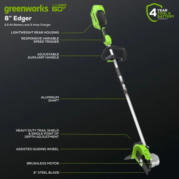 Greenworks 60V 8 Edger with 2.5 Ah Battery & Charger 2703302 - Image 2