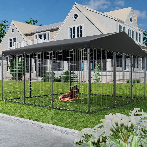 ALAULM Large Heavy Duty Outdoor Dog Kennel, Galvanized Steel Dog Kennel Fence with Roof and Double Safety Locks - Image 3