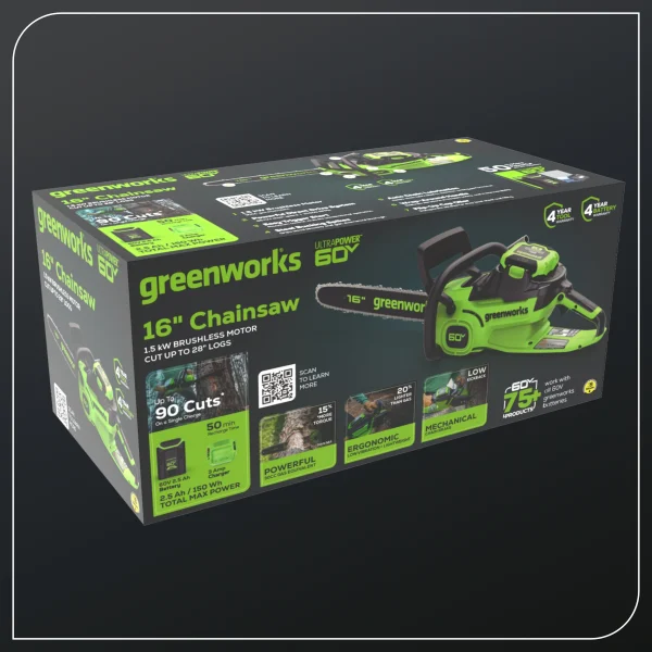 Greenworks 60V 16 1.5kW Brushless Chainsaw with 2.5 Ah Battery & 3 Amp Charger 2028602 - Image 3