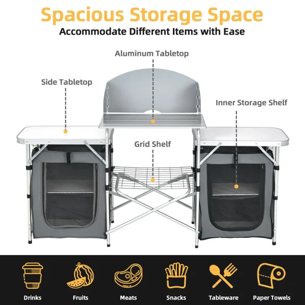 Heavy Duty Portable Folding Aluminum Camping Grill Table w/ Windscreen Storage Organizer - Image 5