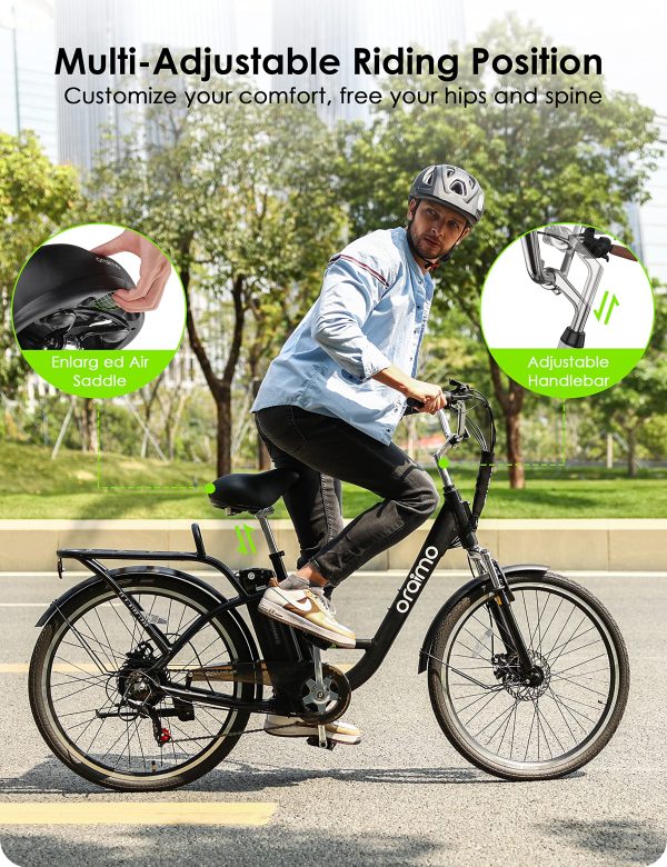 Oraimo Electric Bike for Adults Up to 40 Miles Removable Battery, 350W(Peak 500W) 26 City Cruiser Ebike 2X Load Rear Rack, Air Saddle, 7 Speed Gear, SGS Certified (Pitch Black, Standard) - Image 7