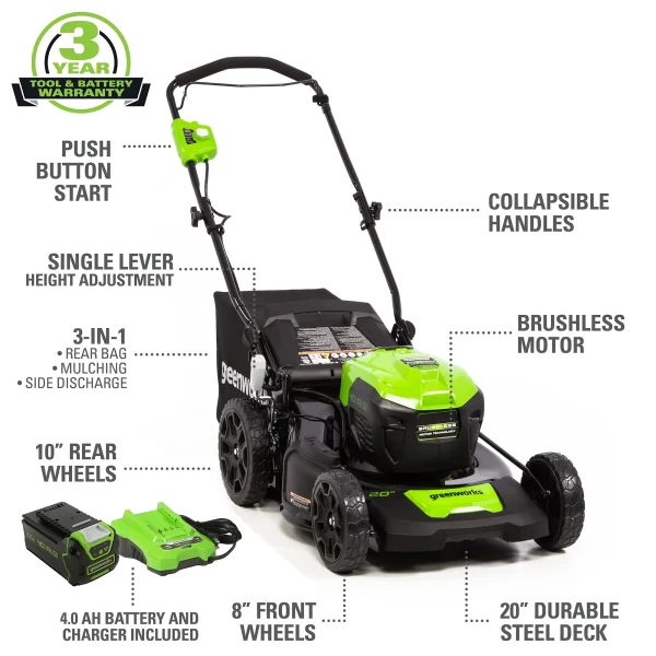 Greenworks 40V 20 Brushless Push Lawn Mower with 4.0 Ah Battery & Quick Charger 2516302VT - Image 2