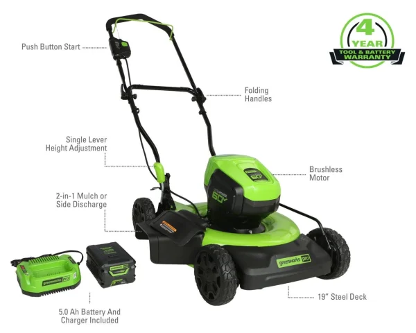 Greenworks 60V 19 Cordless Battery Push Lawn Mower with 5.0Ah Battery & Charger 2531802 - Image 2