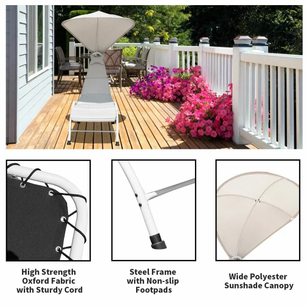 Patio Chaise Lounge Chair With Canopy - Cushioned Outdoor Lounger - Image 3