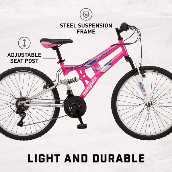 Mongoose Exlipse Full Dual-Suspension Mountain Bike for Kids, Featuring 15-Inch/Small Steel Frame and 21-Speed Shimano Drivetrain with 24-Inch Wheels, Kickstand Included, Pink - Image 8