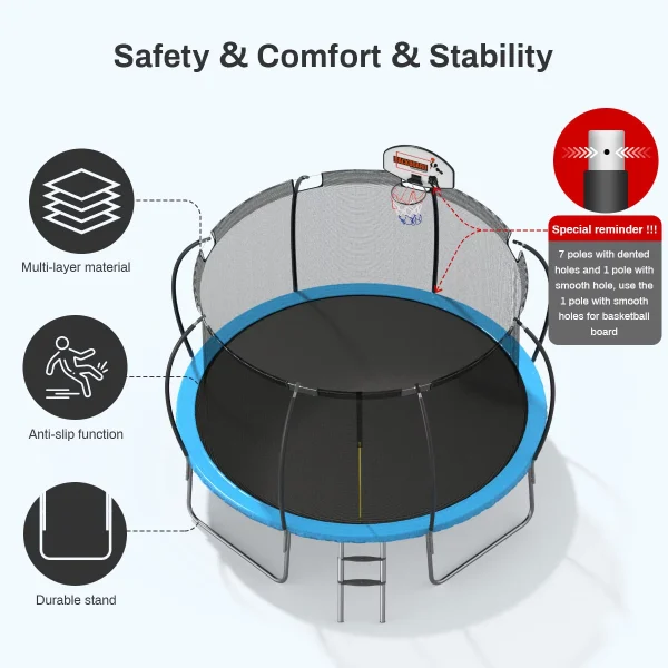 Nazhura  12' Round Backyard Trampoline with Safety Enclosure and Basketball Hoop - Image 5
