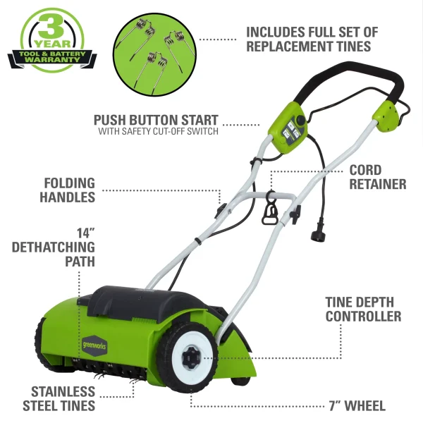 Greenworks 10 Amp 14 Corded Electric Dethatcher 27022 - Image 2