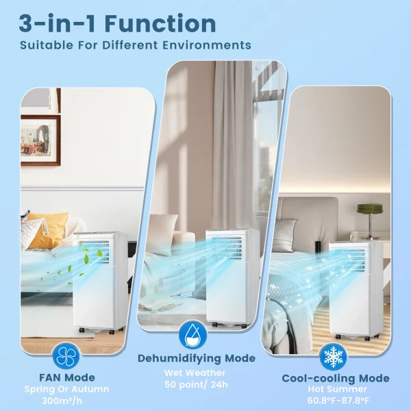 WANAI 8,000 BTU ASHRAE Portable Air Conditioner, 3-in-1 AC Unit, Cool, Dehumidifier & Fan, for Room up to 250 Sq.Ft - Image 2