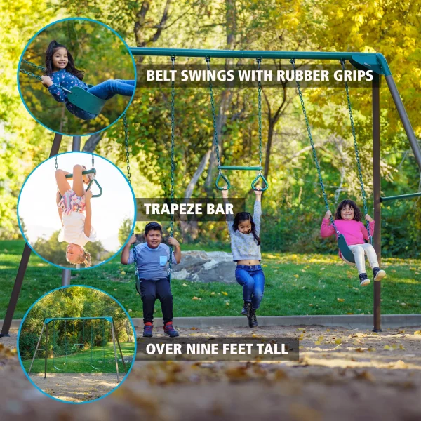 Lifetime Kid's Metal Swing Set with 2 Belt Swings and Trapeze Bar - 9 feet (91137) - Image 3