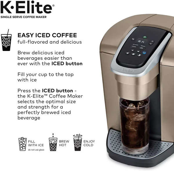 Keurig K-Elite Coffee Maker, Single Serve K-Cup Pod Coffee Brewer, With Iced Coffee Capability, Brushed Gold - Image 3