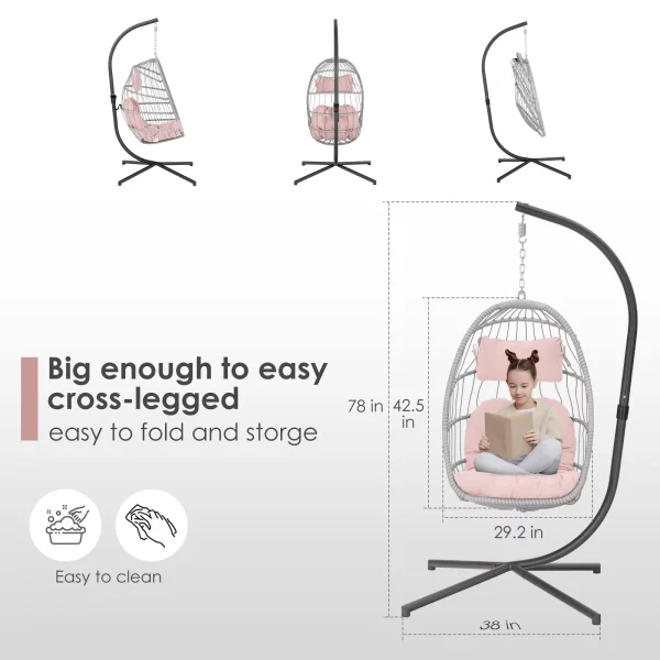 Hanging Egg Chair with Stand and Fluffy Cushion Lounge Wicker Iron Swing Chairs,light gray - Image 9
