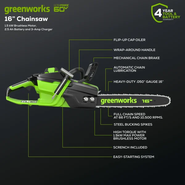 Greenworks 60V 16 1.5kW Brushless Chainsaw with 2.5 Ah Battery & 3 Amp Charger 2028602 - Image 2