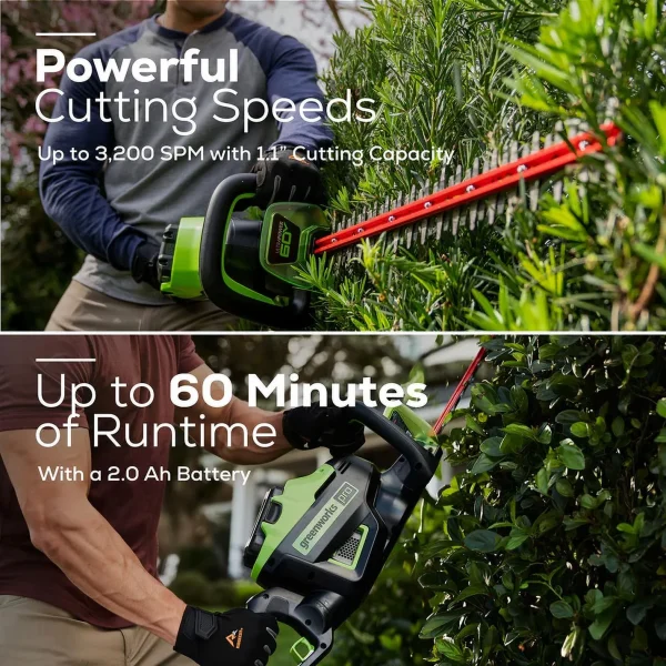 Greenworks 60V 26 Cordless Battery Hedge Trimmer with 2.0Ah Battery & Charger - Image 4