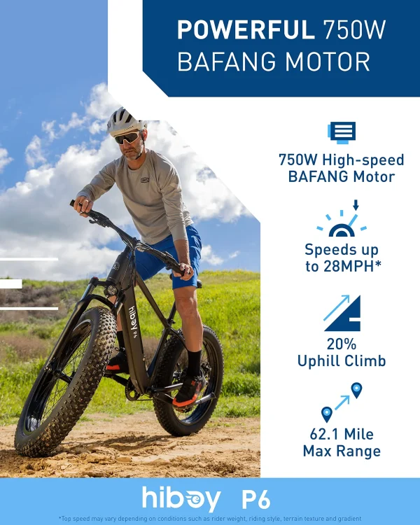 Hiboy P6 Electric Bike for Adults, 28MPH 62.1Miles Range 750W Motor 48V 13Ah Removable Battery Ebike, 26" x 4.0 Fat Tire Electric Mountain Bicycle, Shimano 9 Speed, Hydraulic Suspension, UL Certified - Image 8