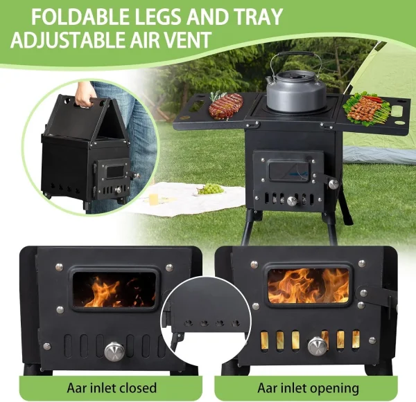 Outdoor Portable Wood Burning Stove Adjustable Air Vent with Pipes for Vented Tent Cooking - Image 7