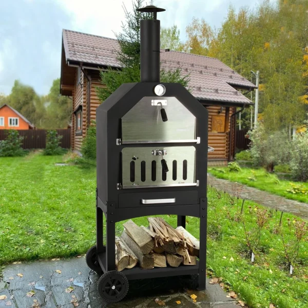 Portable Wood Fire Outdoor Pizza Oven with Wheels and Protective Cover - Image 2