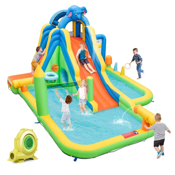 Topbuy Inflatable Water Slide 9-in-1 Blow-up Water Park for Kids with Splash Pool Climbing Wall Water Guns Basketball Toss with 735W Blower